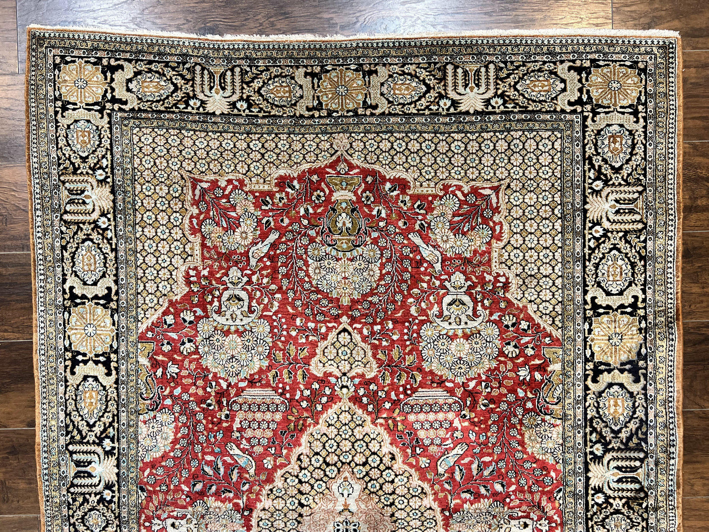 Wonderful Persian Silk Rug 5x7, Birds Floral Vases, Red, Hand Knotted Silk Fine Oriental Carpet, Handmade Vintage, Persian Qum Rug, 400 KPSI - Nuvé