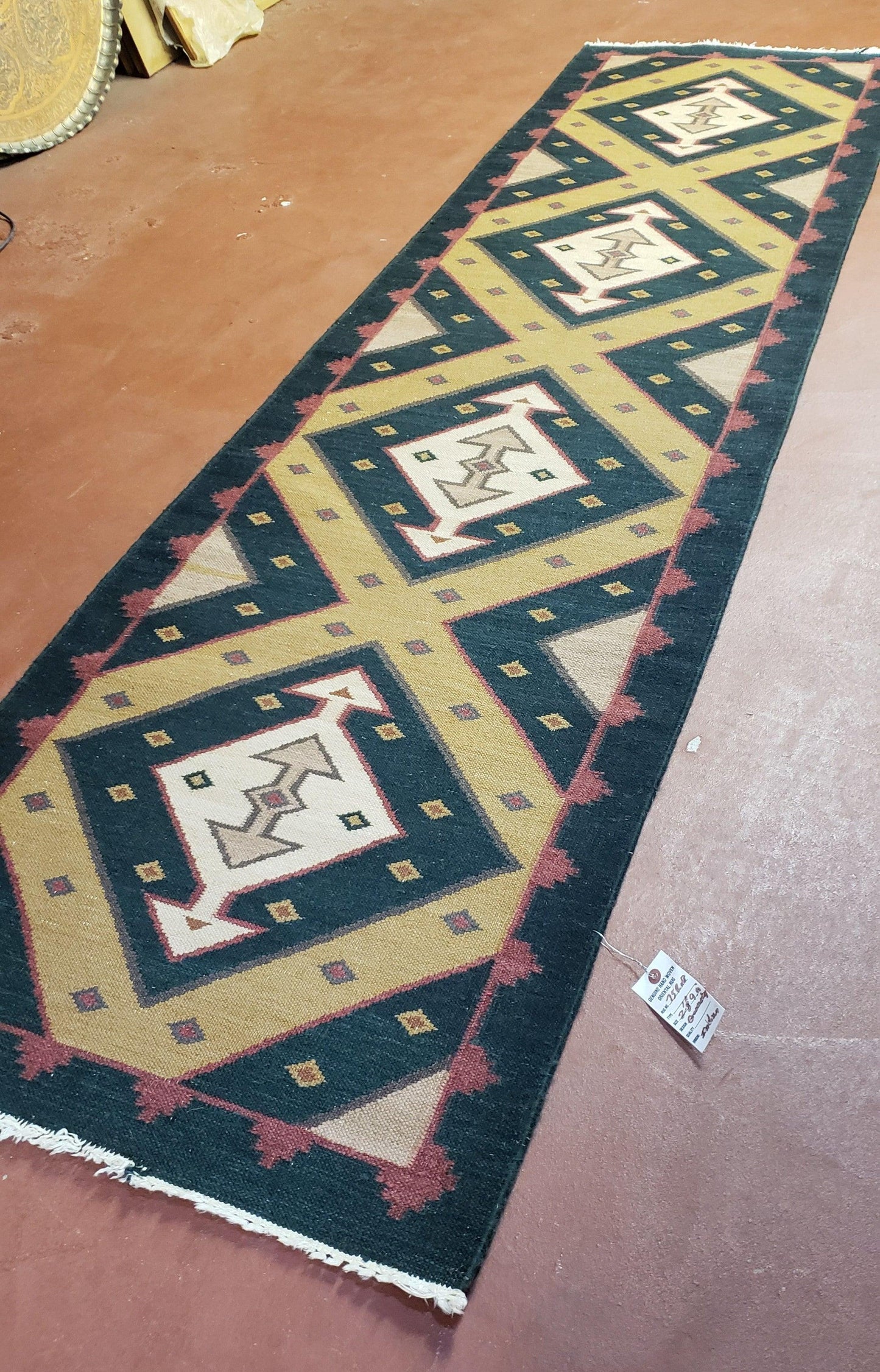 Vintage Indian Kilim Runner Rug, Geometric Flatweave Hand-Knotted Wool Kitchen Hallway Runner, Black Gold & Beige, 2' 8" x 9' 9" - Nuvé