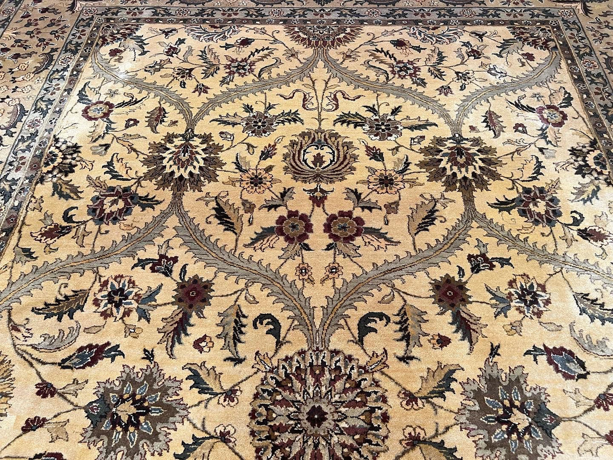 Indo Persian Mahal Rug 10x14, Wool Hand Knotted Oriental Carpet, Cream Floral Allover, Vintage Area Rug 10 x 14, Traditional Rug, Handmade