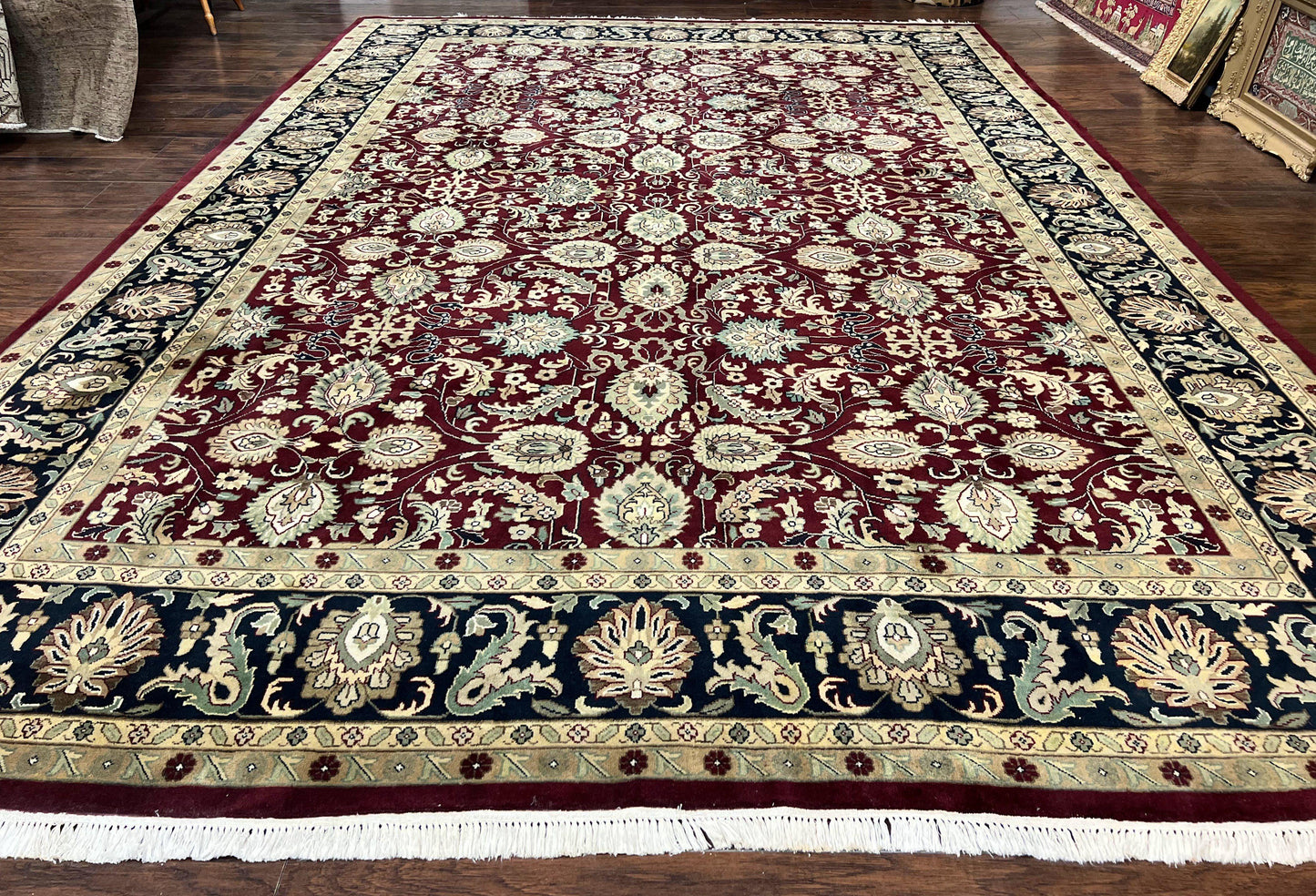 Indo Persian Rug 10x14, Floral Allover, Maroon, Handmade Hand Knotted VIntage Wool Rug, Large Oriental Carpet - Nuvé