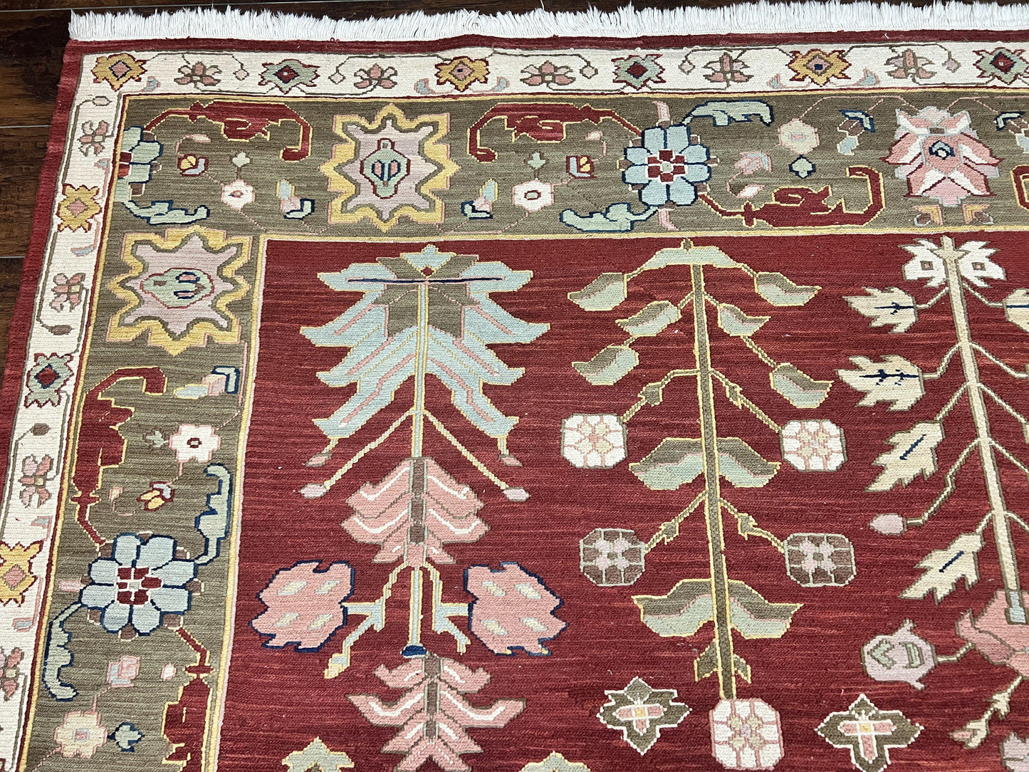 Indian Rug 10x14, Wool Hand Knotted Flatweave Carpet, Tree of Life, Red and Green - Nuvé