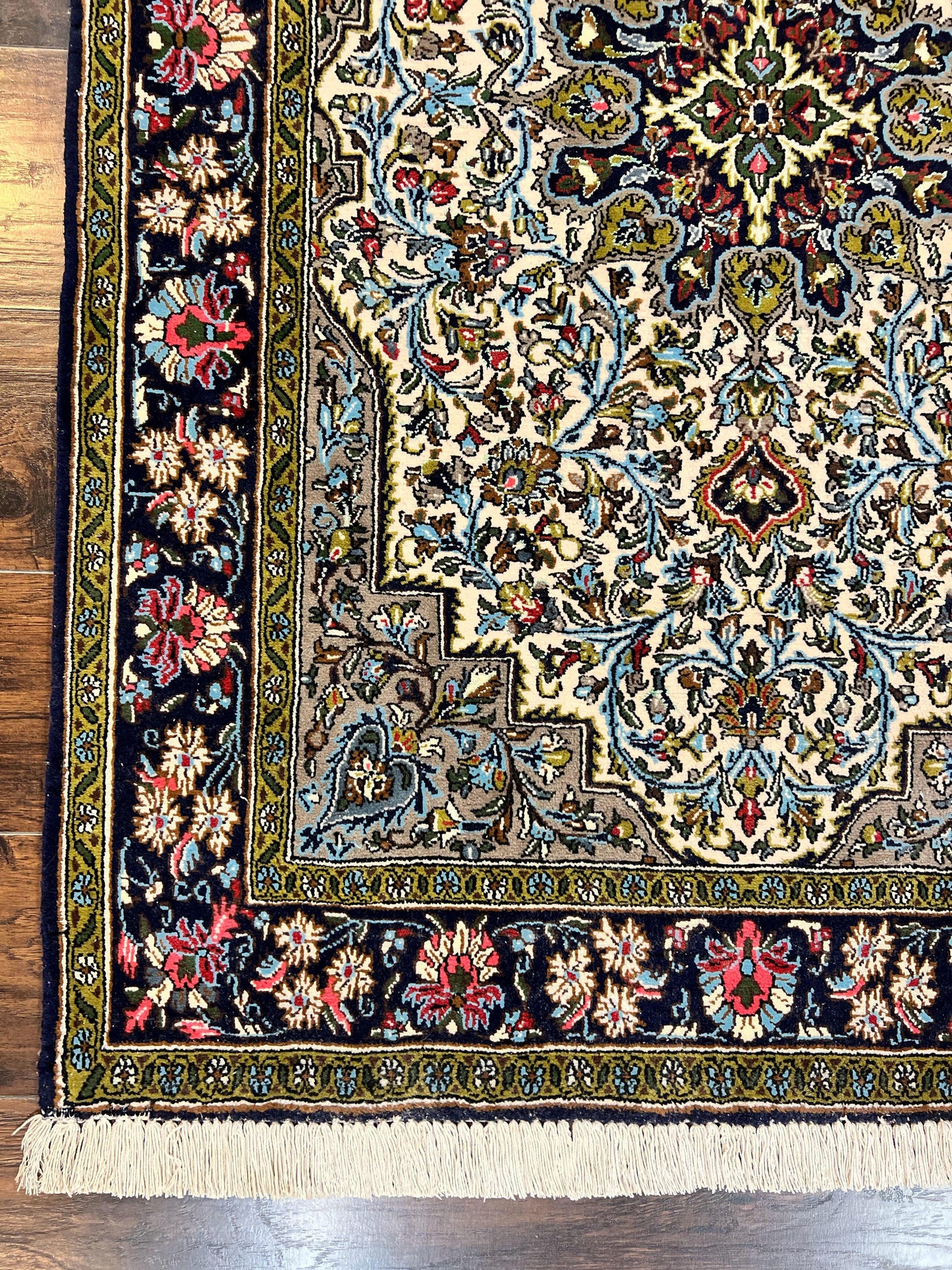 Persian Qum Rug 3x5, Wool with Silk Highlights, Handmade Semi Antique Carpet, Ivory & Navy Blue, Floral Medallion, Finely Hand Knotted - Nuvé