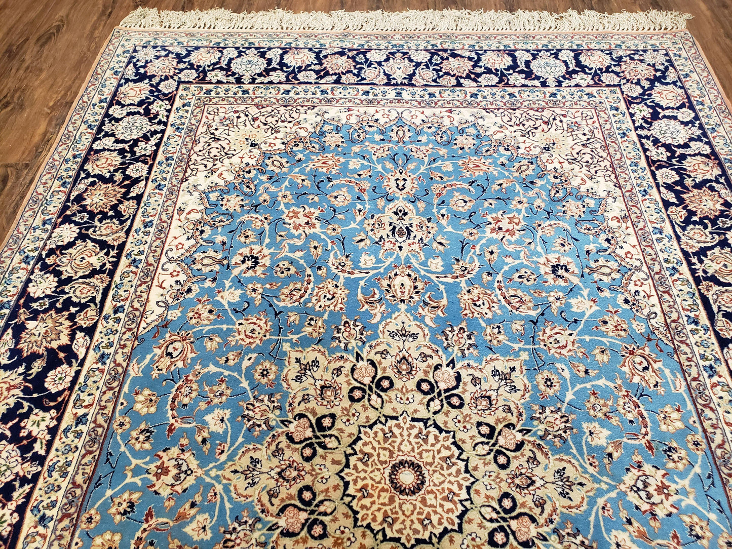 Persian Isfahan Rug, Kork Wool on Silk Foundation, Sky Blue, Hand-Knotted, 5' 1" x 7' 8" - Nuvé