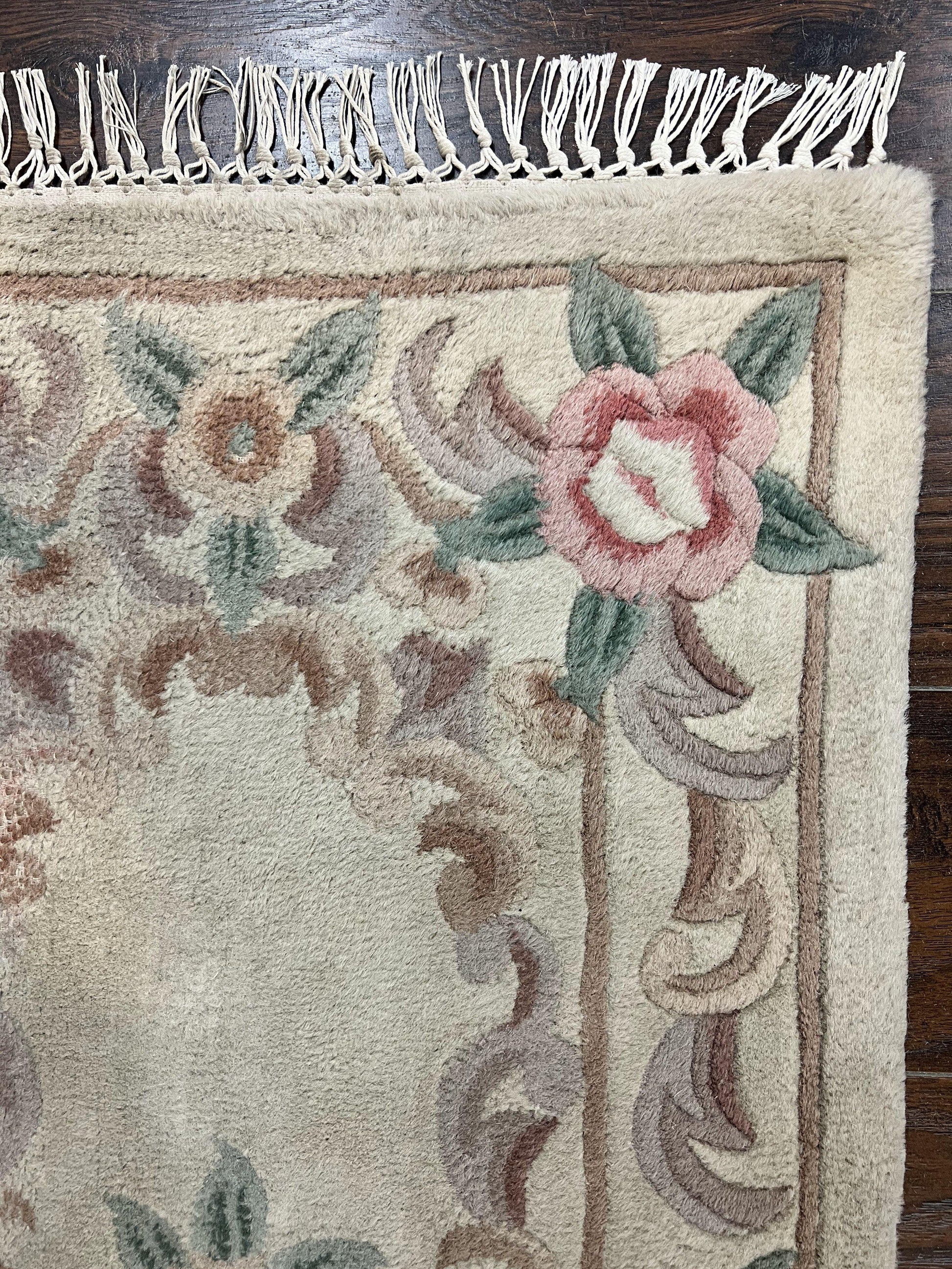 Chinese Aubusson Runner Rug 2.4 x 11, Hand Tufted Beige Floral European Design Hallway Rug, Elegant Rug, Vintage Wool Rug 11ft Long - Nuvé