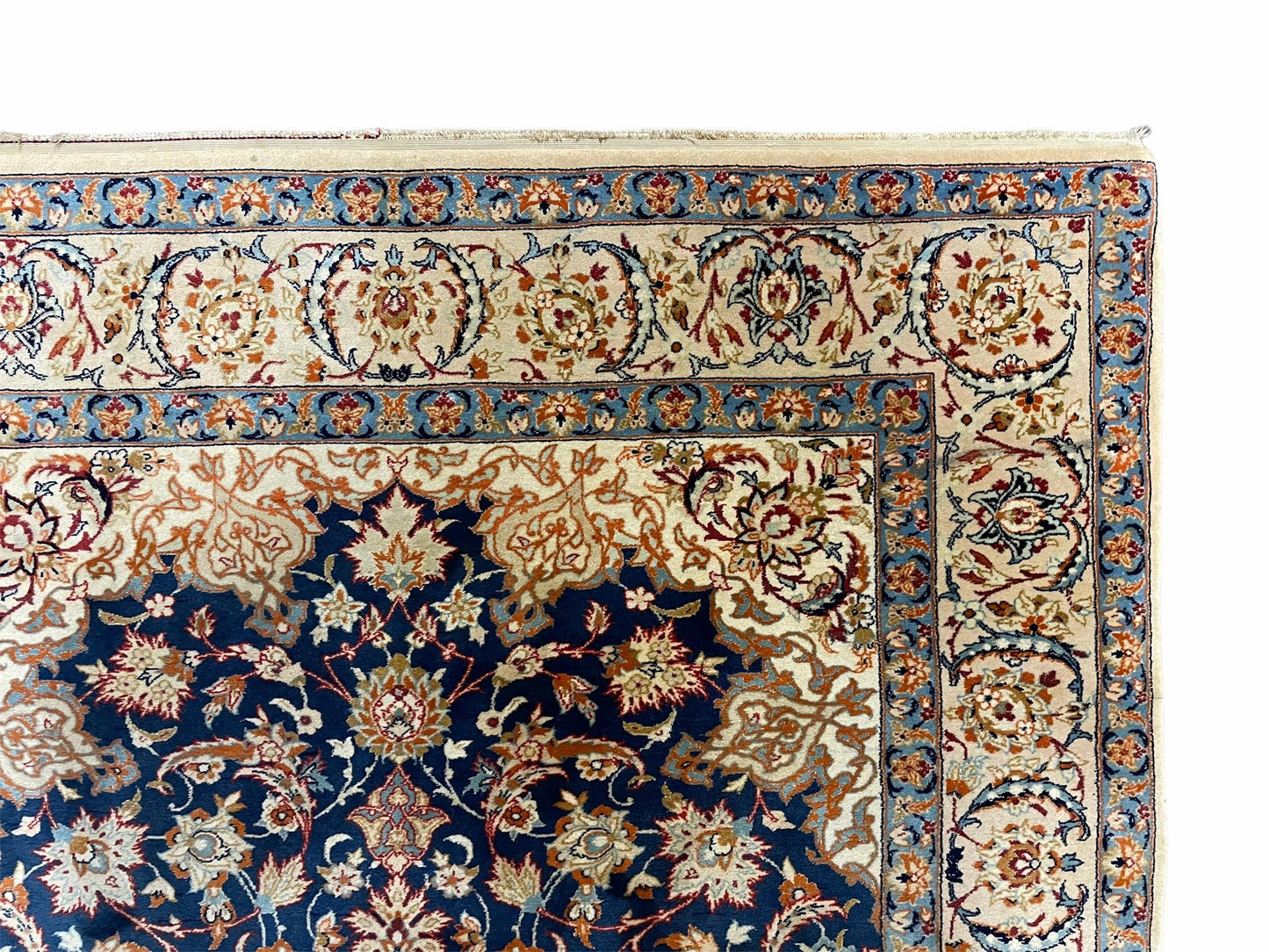 Persian Isfahan Rug 4x5, Navy Blue & Ivory, Wool and Silk Highlights - Nuvé