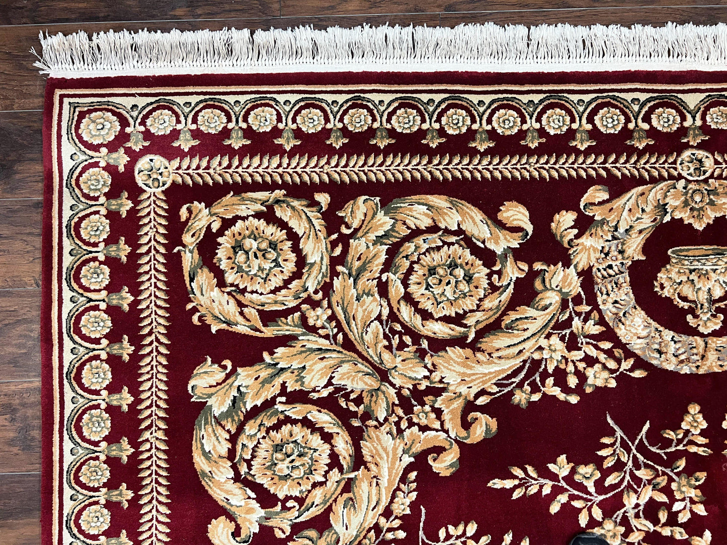 Aubusson Rug 9x12, Wool Handmade Carpet, Elegant French European Design, Dark Maroon Red, 9 x 12 Room Sized Rug, Finely Hand Knotted - Nuvé