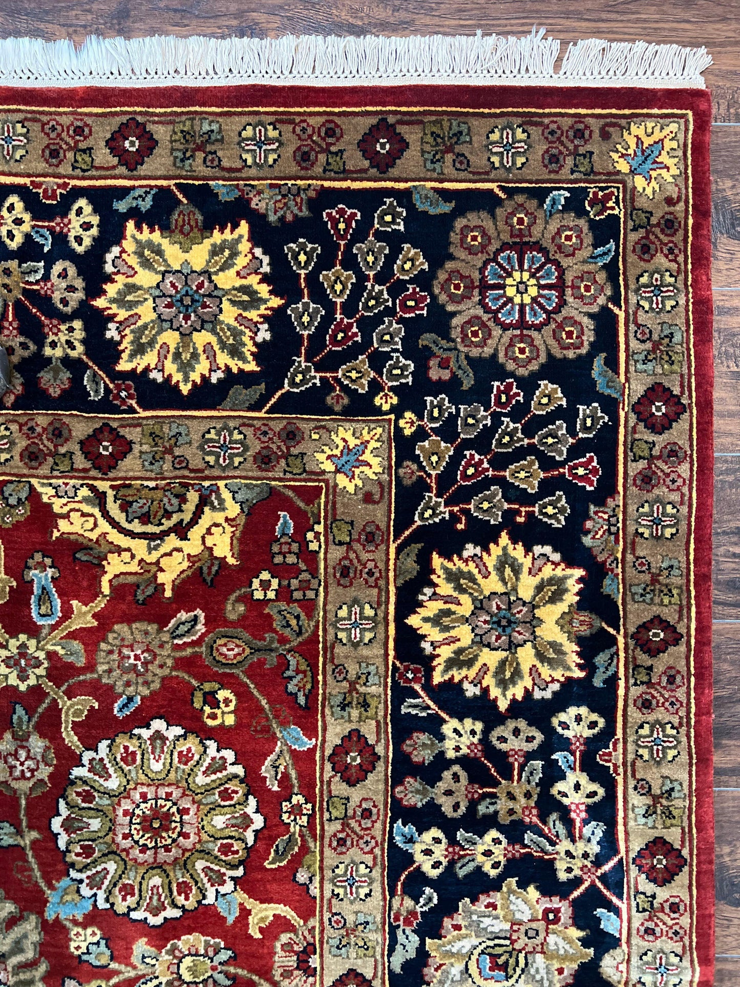 Indo Persian Rug 9x12, Hand Knotted Traditional Indian Wool Oriental Carpet 9 x 12 ft, Maroon and Navy Blue, Floral Allover 9x12 Vintage Rug - Nuvé
