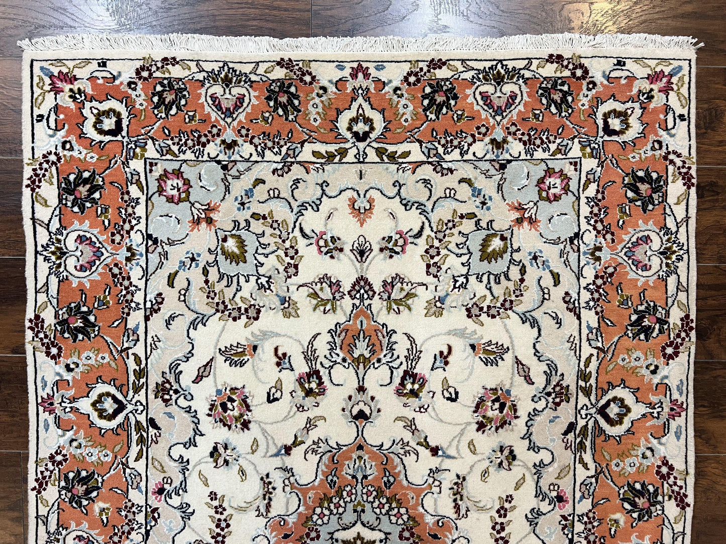 Persian Tabriz Rug 4.5 x 6.8, Finely Hand Knotted Wool with Silk Highlights Vintage Oriental Carpet, Cream and Salmon, High KPSI, Floral Medallion - Nuvé