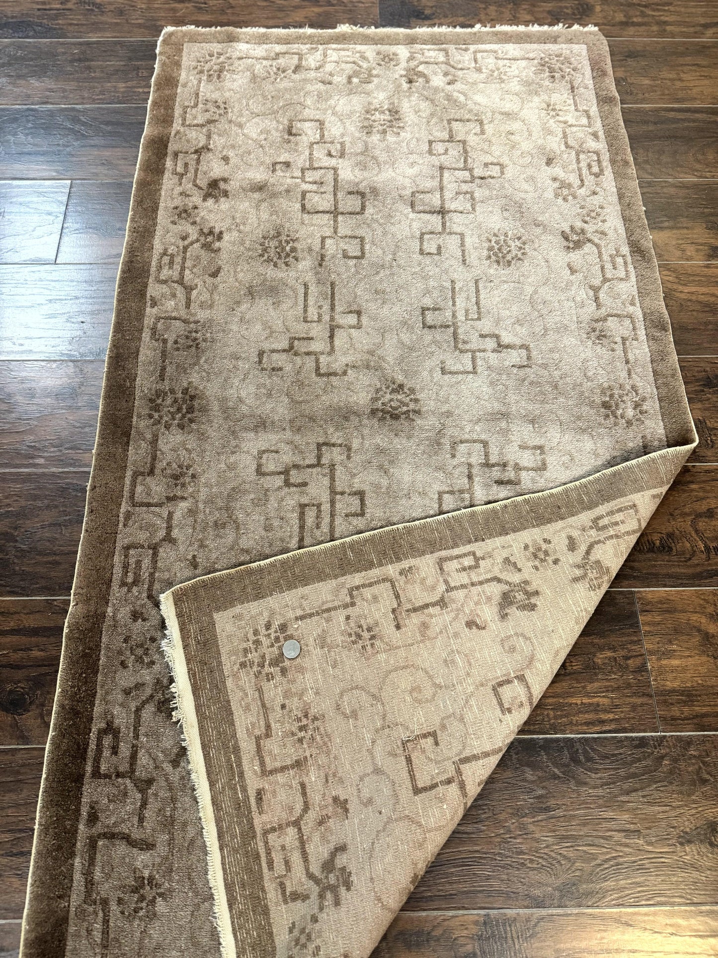 Antique Chinese Fette Rug 3x6, Taupe, Handmade Wool Chinese Carpet - Nuvé
