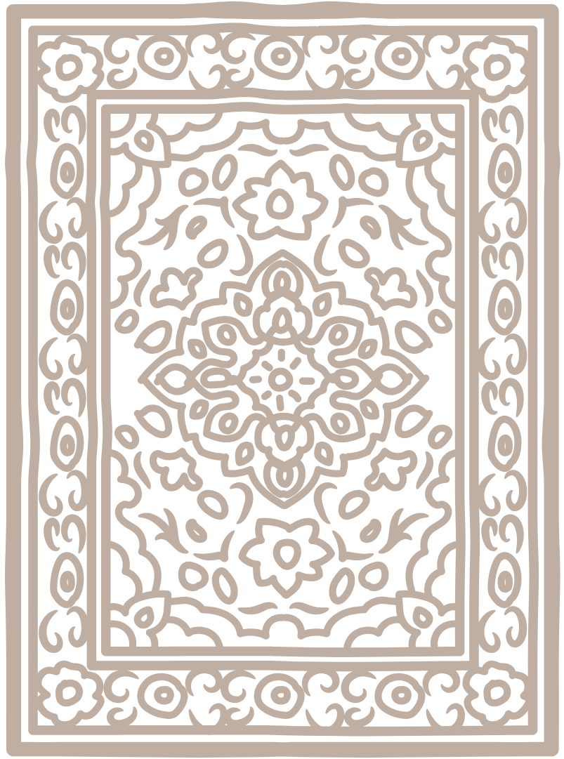 Decorative beige rug with intricate patterns on a white background