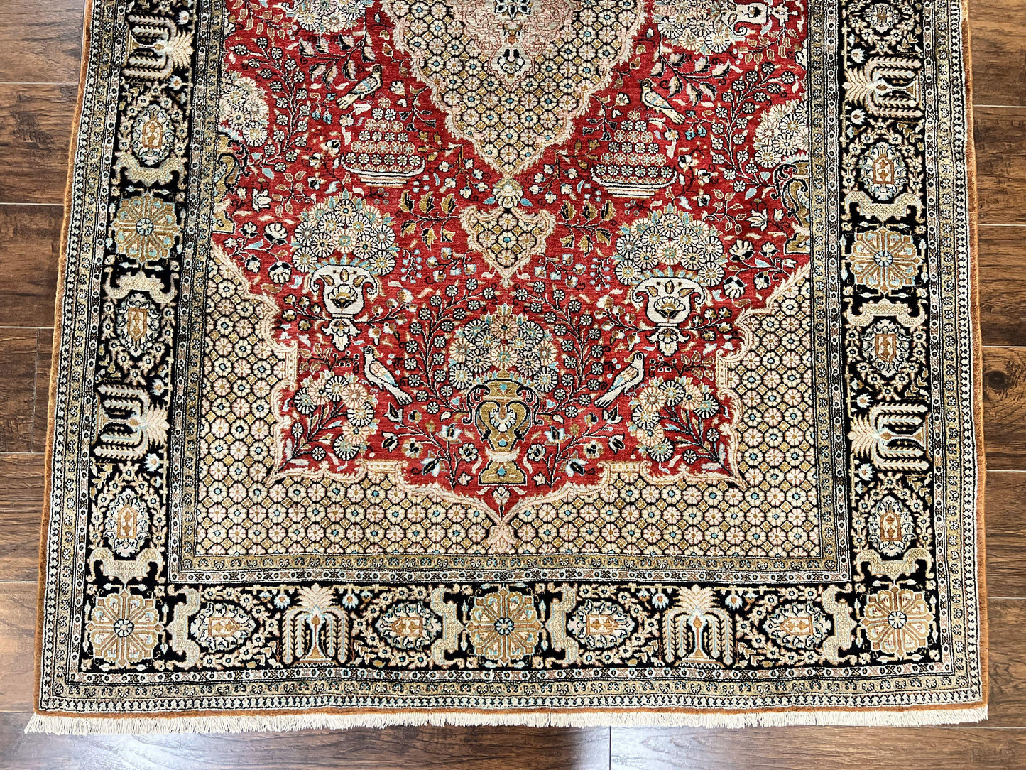 Wonderful Persian Silk Rug 5x7, Birds Floral Vases, Red, Hand Knotted Silk Fine Oriental Carpet, Handmade Vintage, Persian Qum Rug, 400 KPSI - Nuvé