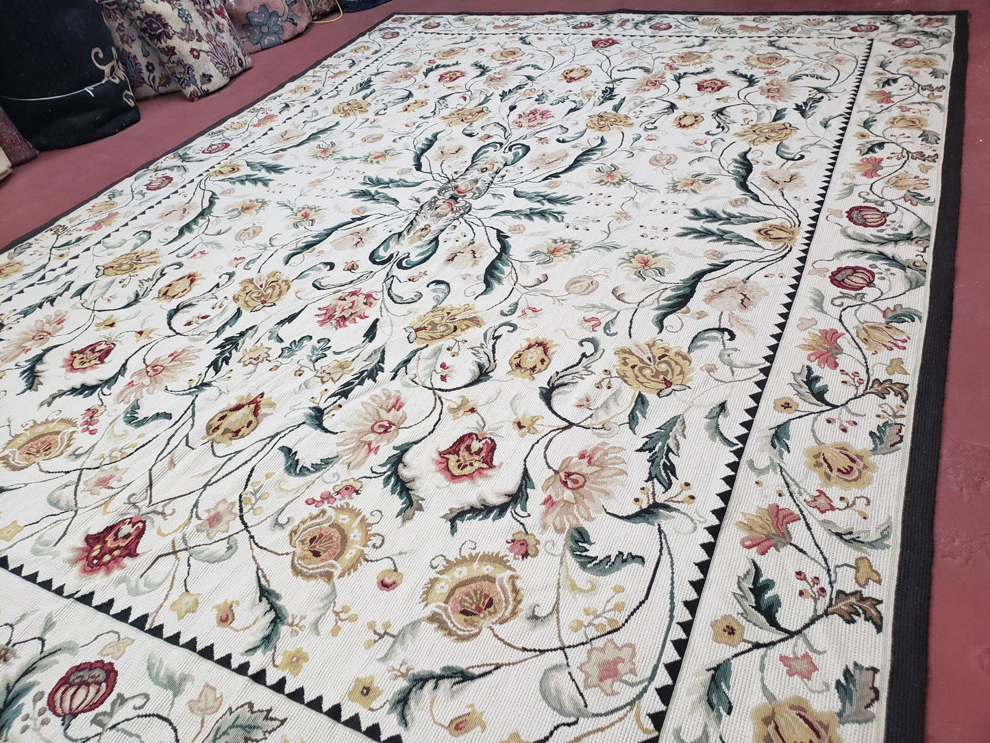 New Needlepoint Rug 9x12, Hand Woven Wool Area Rug, Flatweave Carpet, Handmade Chinese Needlepoint, Floral European Design, Ivory Background - Nuvé