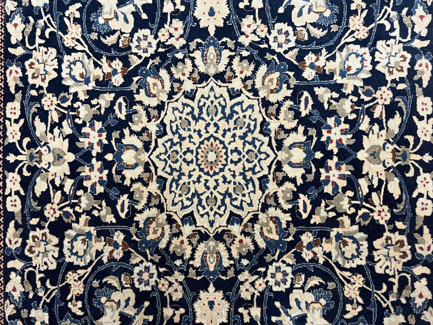 Very Fine Persian Nain Rug 3.7 x 6, Floral Medallion, Wool and Silk Accents, Highly Detailed, Hand Knotted Oriental Carpet, Navy Blue Ivory/Cream - Nuvé