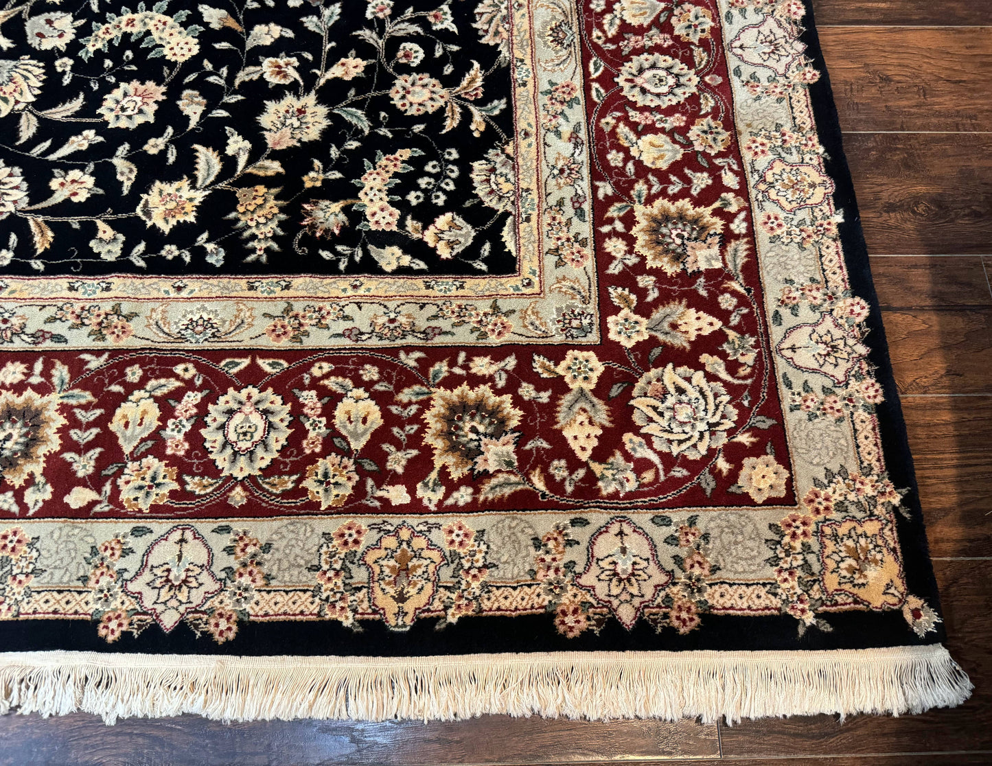 Sino Persian Rug 9x12, Fine Elegant Oriental Carpet 200 KPSI, Black and Dark Red, Allover Floral - Nuvé