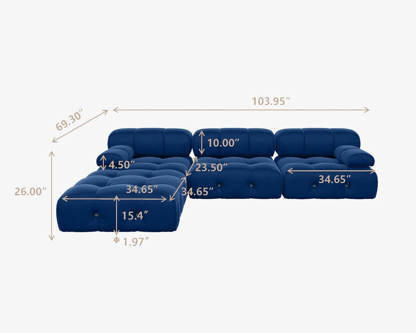 Nuvé® Takumi Velvet Modular Bouclé Cloud Sofa - Blue - 3-Seater Sofa with 1 Ottoman - Nuvé