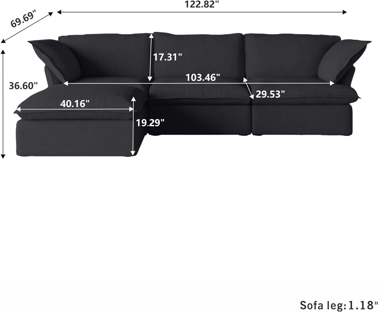 Sabi Modular Boucle Cloud Sofa - Obsidian Black - 3-Seater Sectional Sofa with Ottoman - Nuvé