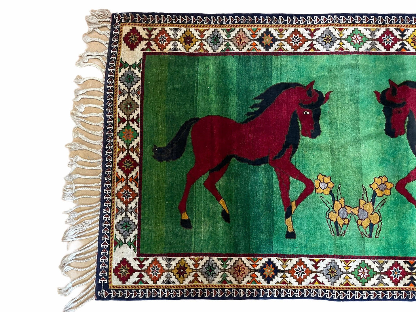 4 X 7 Handmade Rug Zagros Quality Wool Pictorial Horses Green Butterfly Colorful - Nuvé