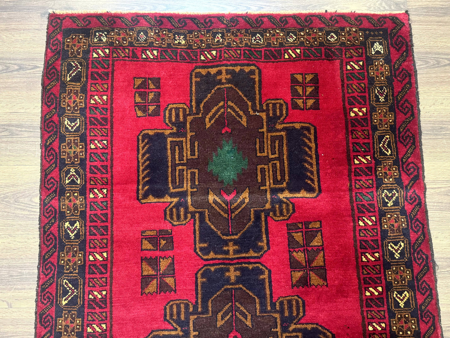 Red Afghan Balouch Rug 4x7, Triple Medallions, Handmade, New - Nuvé