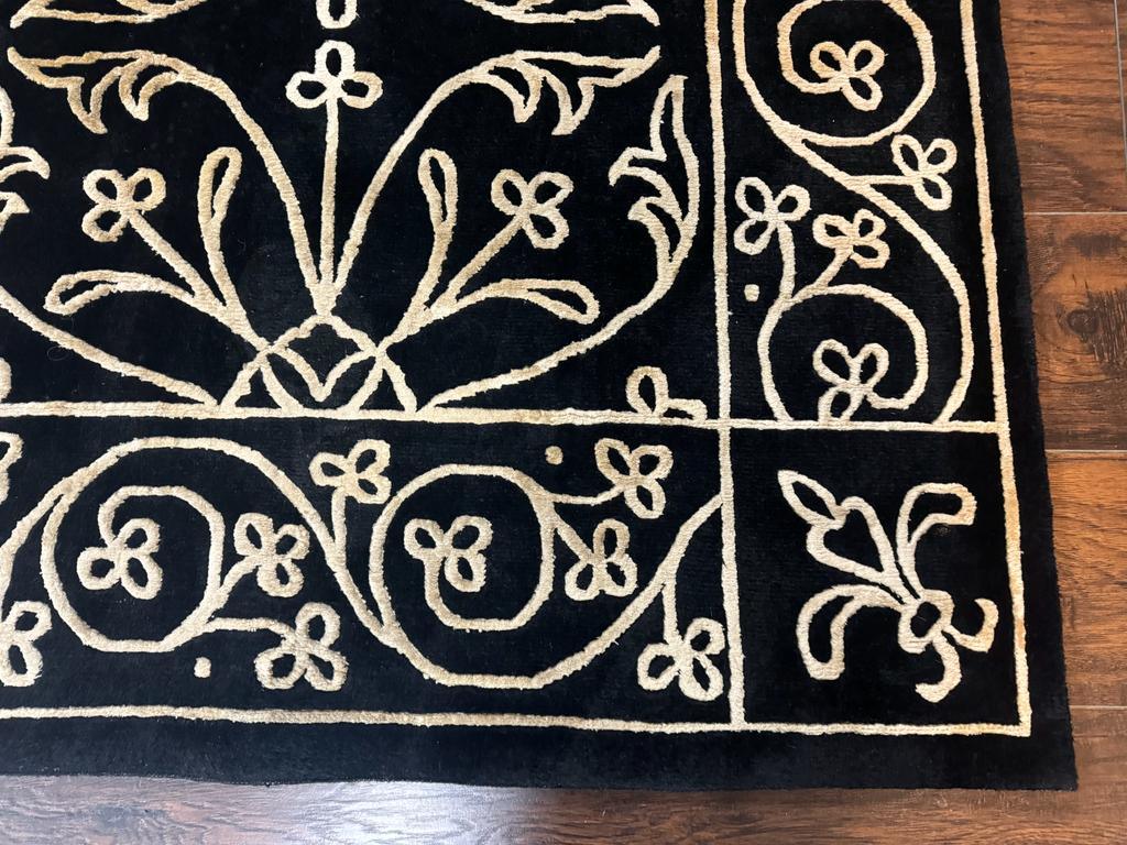 Tibetan Rug 8x10, Wool and Silk, Raised Pattern, Black and Gold, Floral - Nuvé