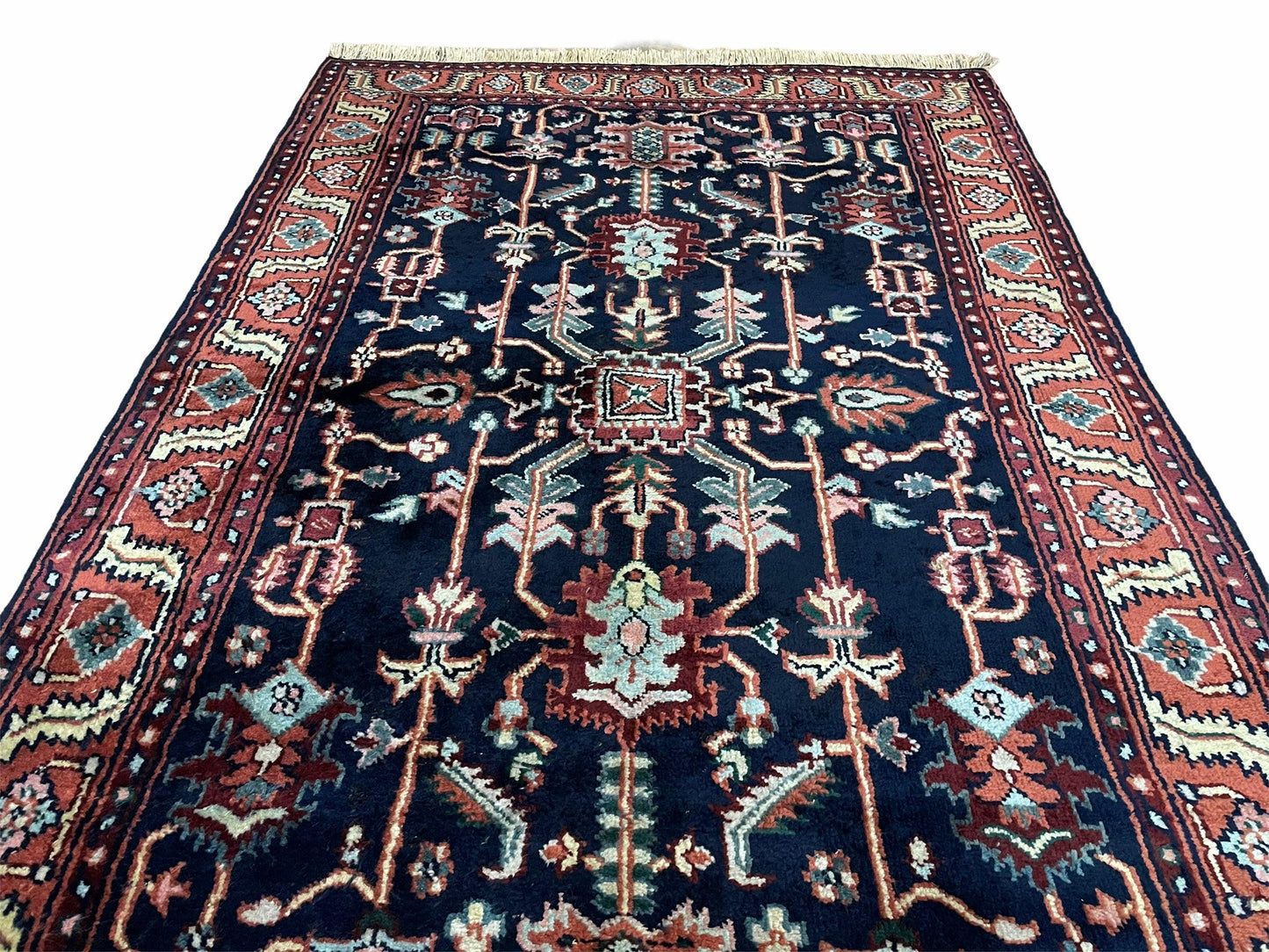 4x6 Vintage Handmade Wool Geometric Rug Organic Dyes Blue Red Hand-Knotted Rug - Nuvé