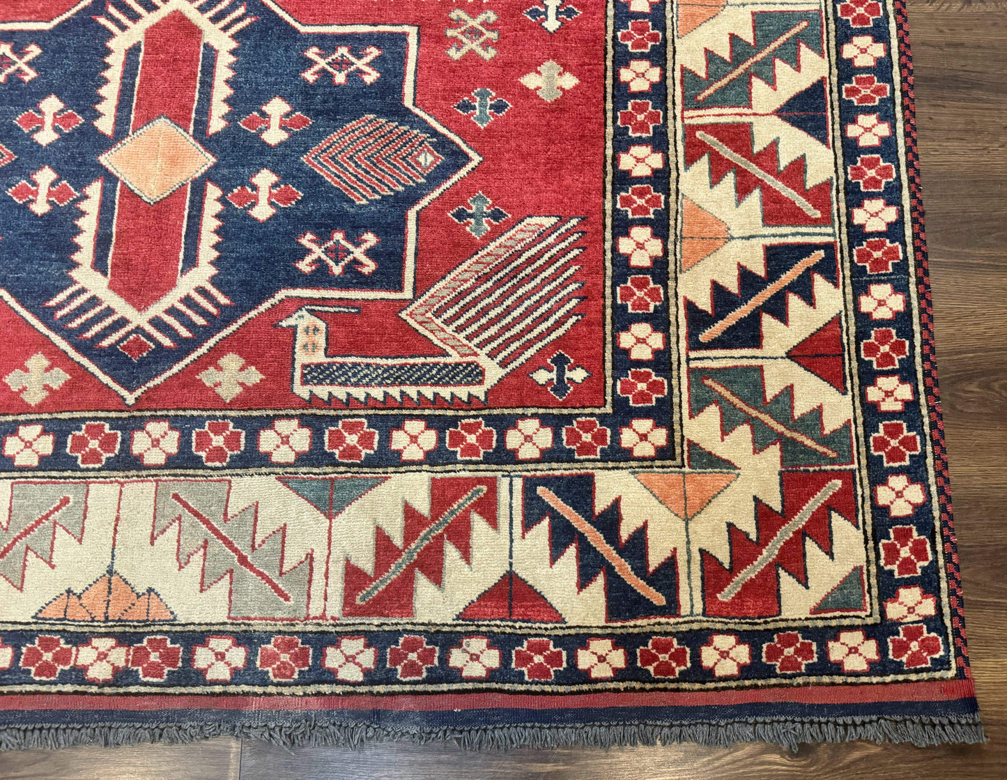 Turkish Kazak Rug 6x8, Caucasian Design, Geometric Medallions, Red Blue Beige - Nuvé