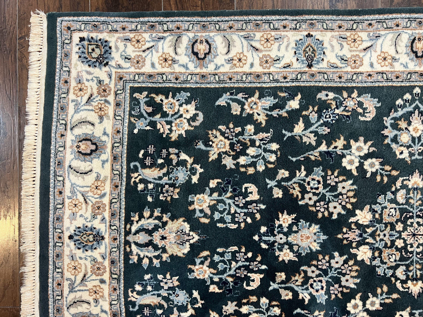 Green Indo Persian Rug 4x6, Floral Allover, Handmade Vintage Oriental Carpet, Sarouk Rug, Wool - Nuvé