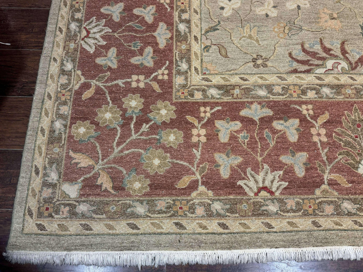 Large Turkish Soumak Rug 10x14, Flatweave Dhurrie, Handmade, Light Green and Salmon - Nuvé