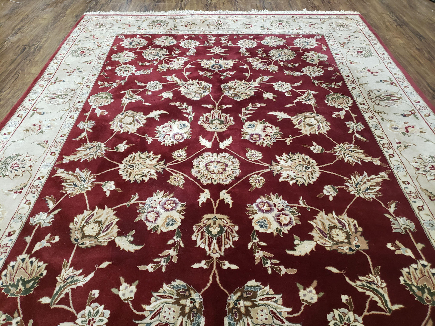 Vintage Traditional Oriental Area Rug, Hand-Knotted, Wool & Silk Accents, Maroon Red and Beige, 6x9 Carpet, 5' 9" x 9' - Nuvé