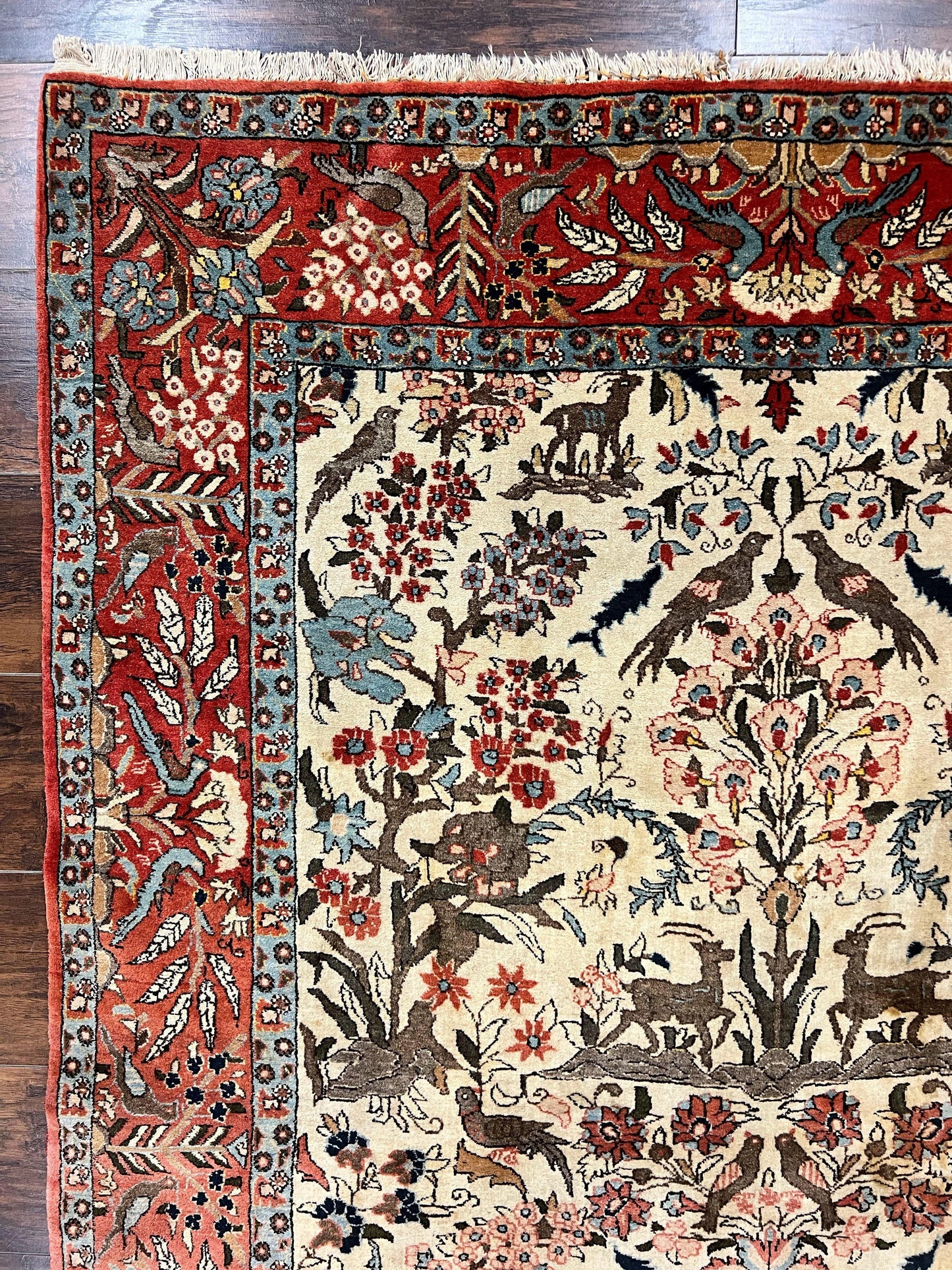 Persian Tree of Life 5x7, Qum Rug, Animal Motifs, Deer Birds, Fine 225 KPSI, Semi Antique Vintage Handmade Wool Rug, Cream Red - Nuvé