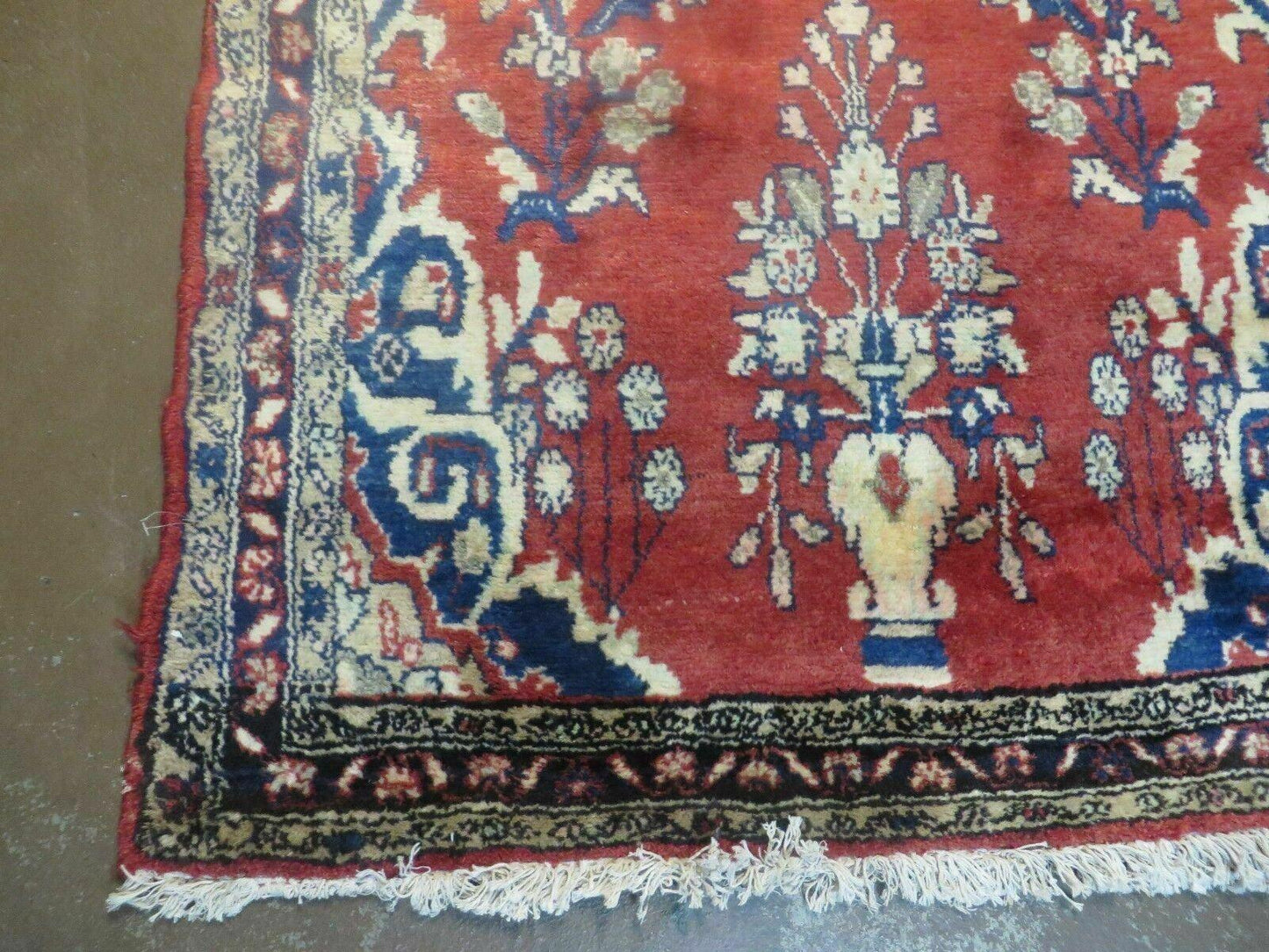 Persian Runner Rug 3 x 12, Antique Wool Oriental Runner, Floral Vases, Red & Navy Blue - Nuvé