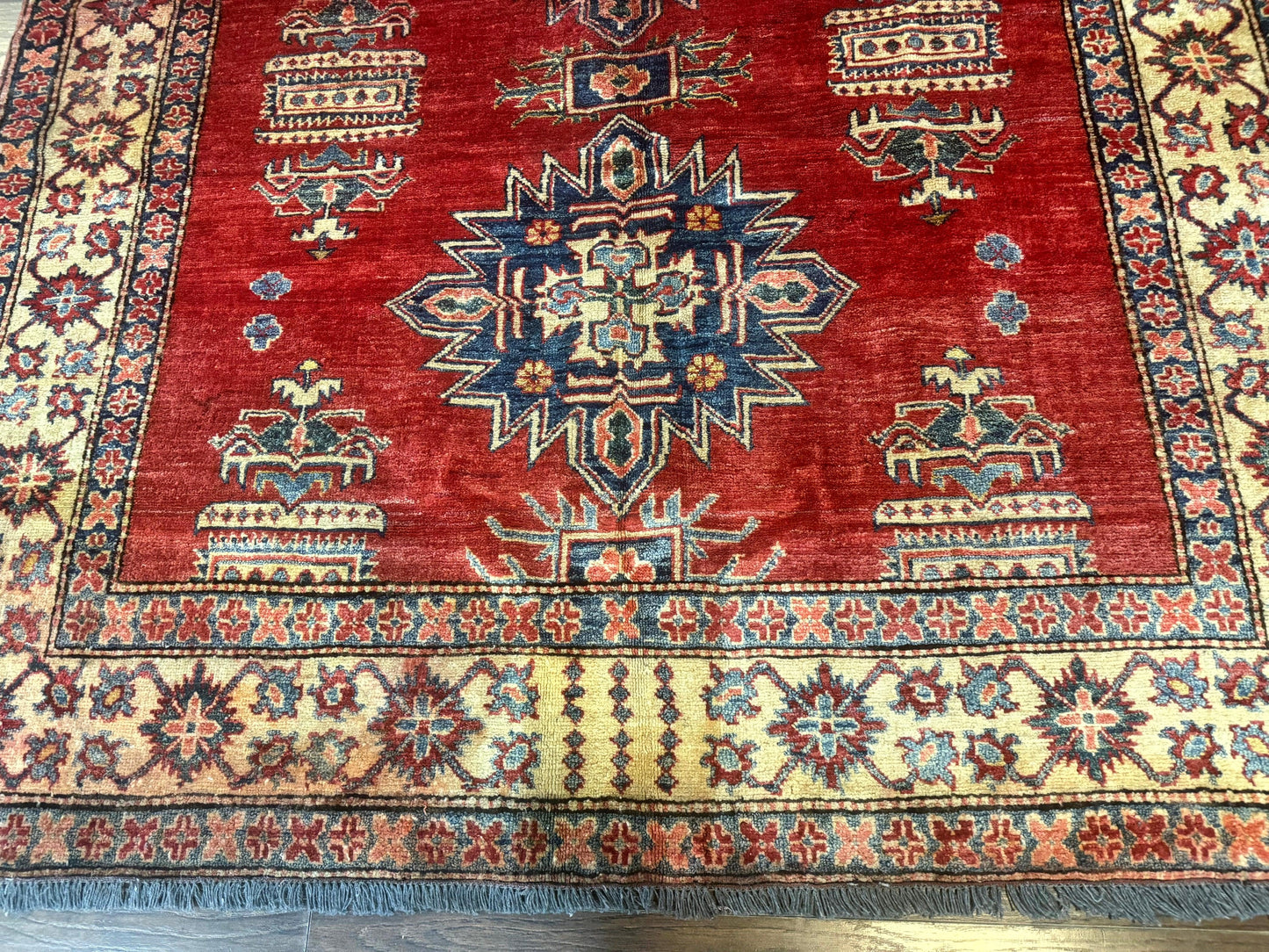 Square Turkish Rug 6x6, Azerbaijani Azeri Turkish Armenian Rug, Red Tan Blue, Geometric, Wool Carpet - Nuvé