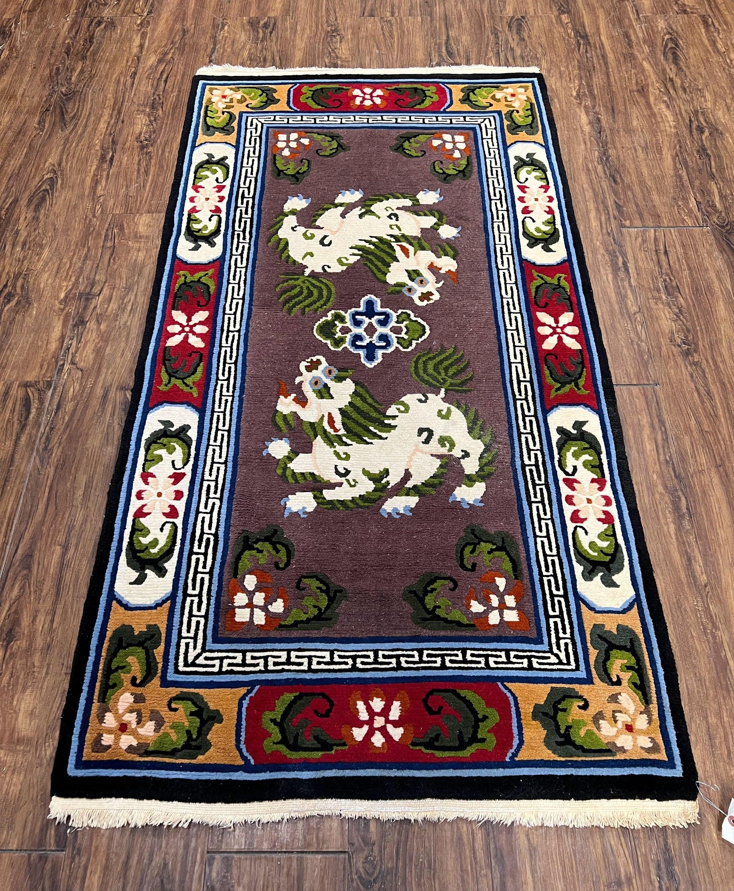 Chinese Art Deco Rug 3 x 5.5 with Animal Pictorials, Vintage Chinese Peking Wool Area Rug, Dark Puce Maroon Ivory, Hand Knotted Soft Carpet - Nuvé