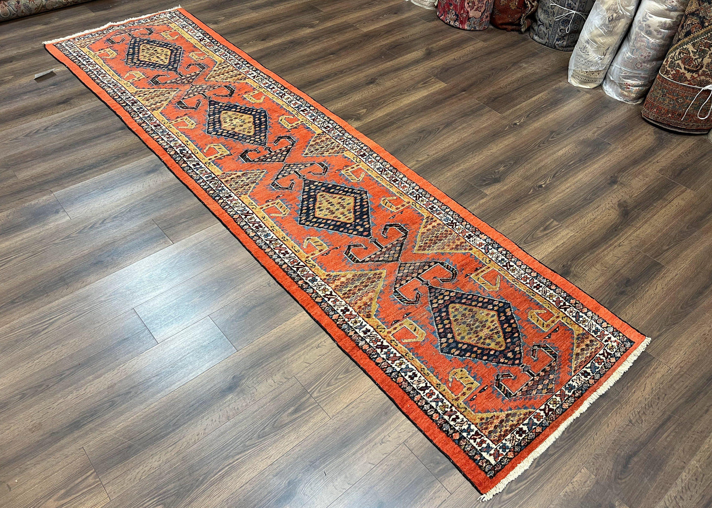 Rare Persian Tribal Runner Rug 3 x 11, Sarab Serab Persian Runner, Antique 1920s Collectible Geometric Medallions Oriental Wool Runner, Hand Knotted, Bright Orange-Red - Nuvé