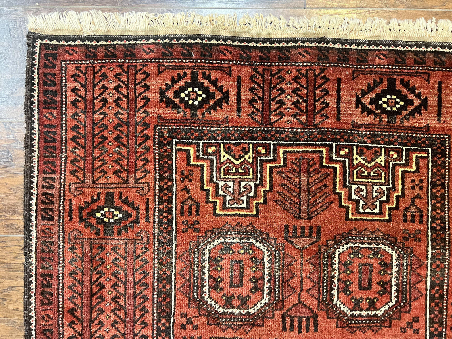 Antique Persian Turkoman Rug 3x6, Wool Tribal Handmade Carpet, Red and Black - Nuvé