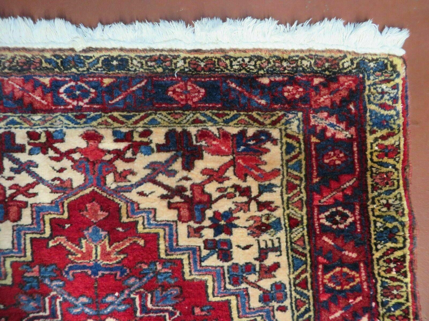 Persian Runner Rug, Heriz Runner Rug, Geometric Medallions, Red Cream Navy Blue Wool Hallway Rug 3.9 x 10.8 Antique Oriental Runner Handmade - Nuvé