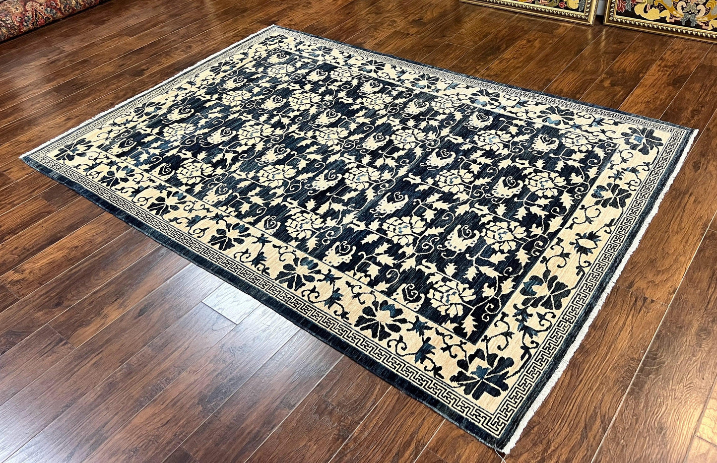 Sino Persian Rug 6x9, Hand Knotted Wool Carpet, Floral Allover, Blue Cream-Tan - Nuvé