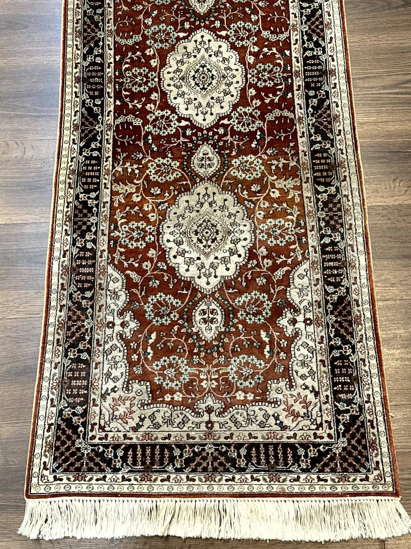 Turkish Silk Narrow Runner Rug 2 x 5.8, Very Fine 340 KPSI, Floral Medallions, Red - Nuvé