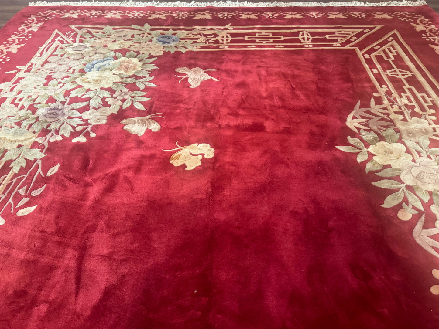 Palace Size Chinese Wool Rug 12x18, Red Art Deco Chinese Carving Carpet, Butterflies Flowers - Nuvé