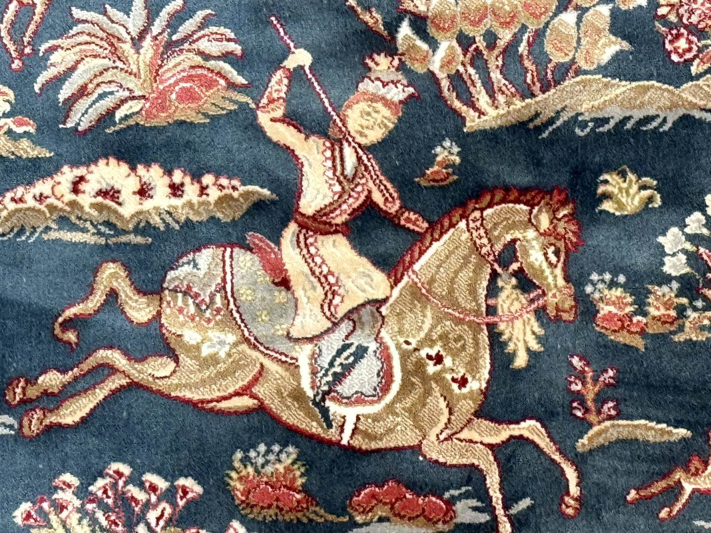 Turkish Silk Hunting Design Rug 4x6, Dark Steel Blue & Ivory, Bamboo Silk, New - Nuvé
