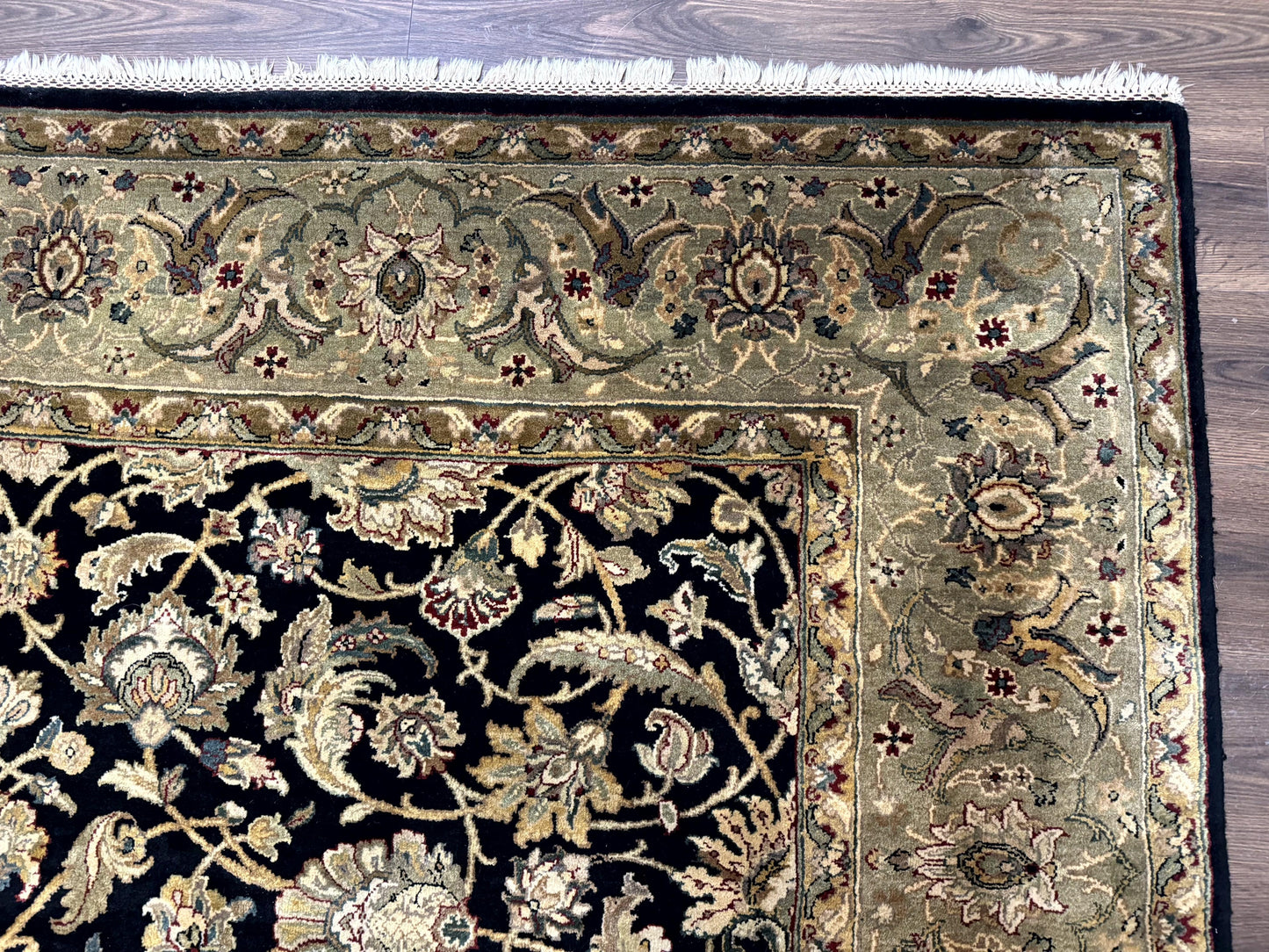 Indo Persian Rug 8x10, Black and Green, Wool, Handmade, Traditional, Floral Allover, Vintage - Nuvé