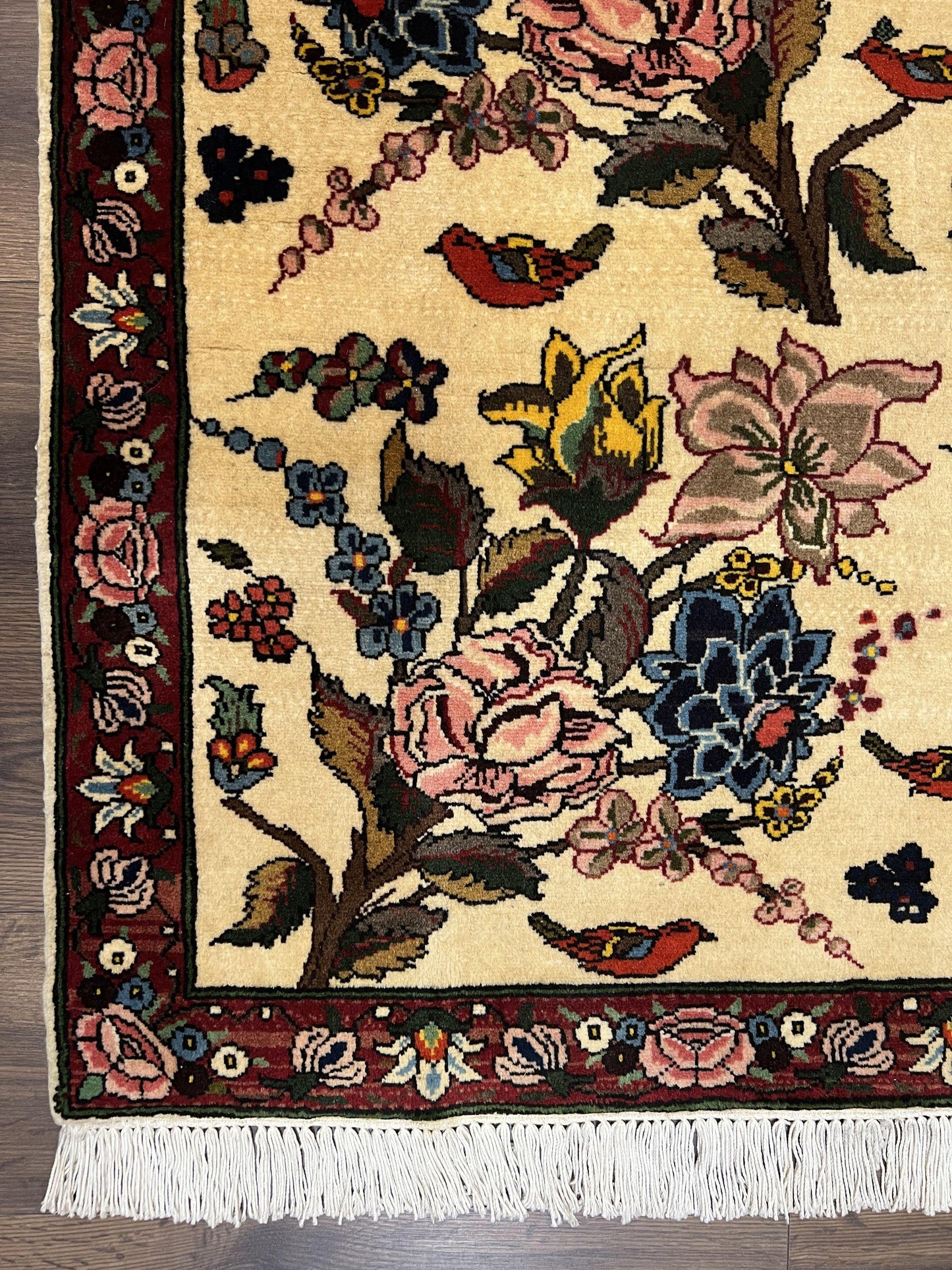 Persian Bidjar Rug 3.6 x 5 ft, Repeated Floral Motifs, Roses and Birds, Cream Burgundy, Fine Wool Oriental Bijar Carpet, Vintage Traditional Area Rug - Nuvé