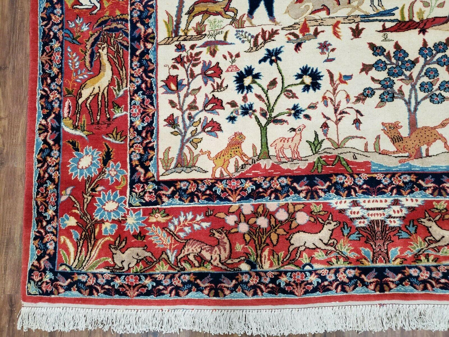 Antique Persian Isfahan Rug 5x7, Animal and Human Pictorials, Hand Knotted Fine Oriental Wool Carpet, Cream and Red, High KPSI, Vintage Rug 5 x 7 ft - Nuvé