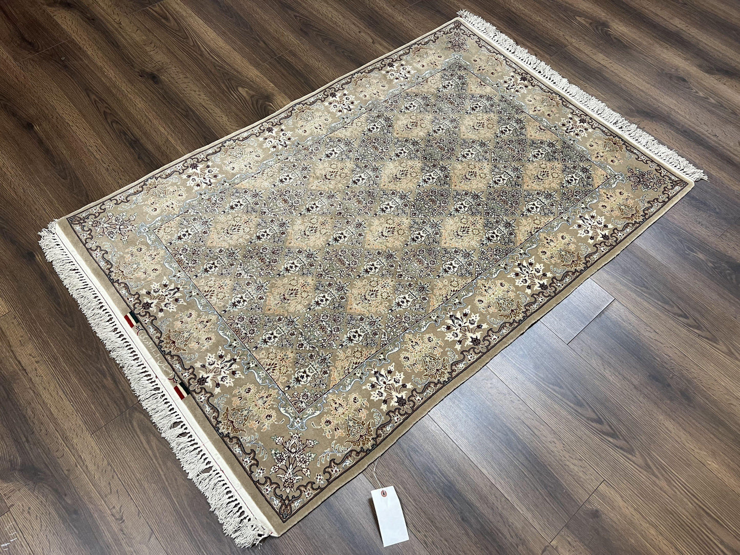 Super Fine Persian Isfahan Rug 3x5 ft, Kork Wool on Silk Foundation, Repeated Floral Motif, Taupe Tan Hand Knotted Oriental Carpet 3 x 5 ft, Signed - Nuvé