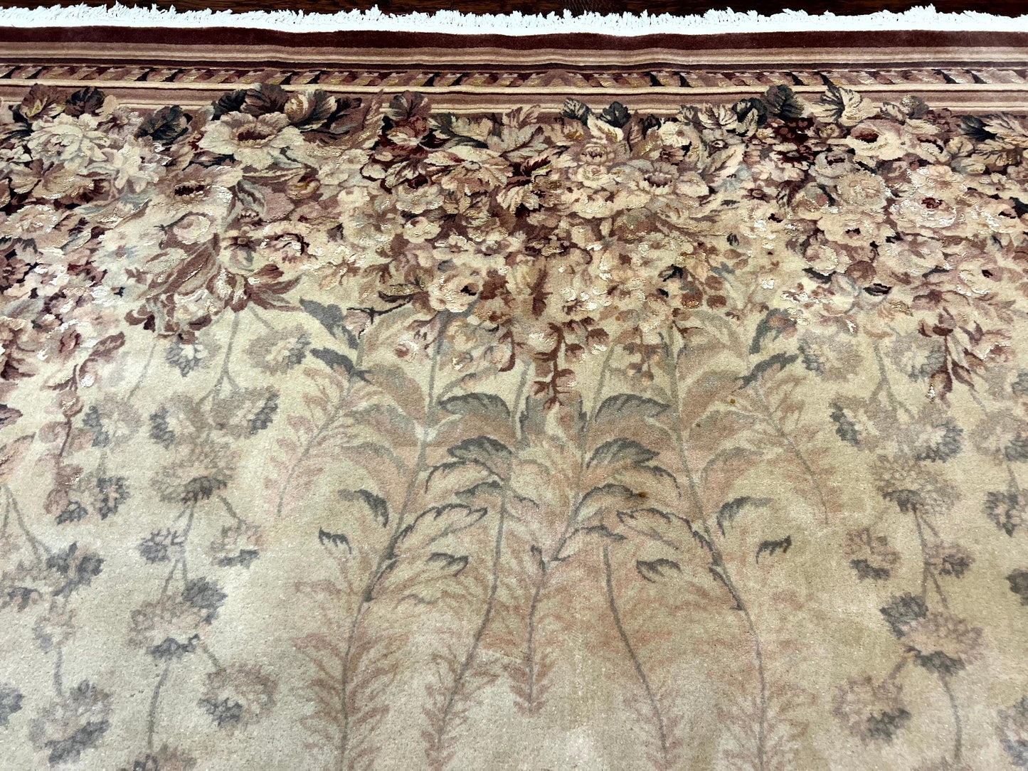 Aubusson Wool Rug 9x11, Wool with Silk Highlights, European Design, Vintage, Handmade, Floral, Fine 210 KPSI - Nuvé