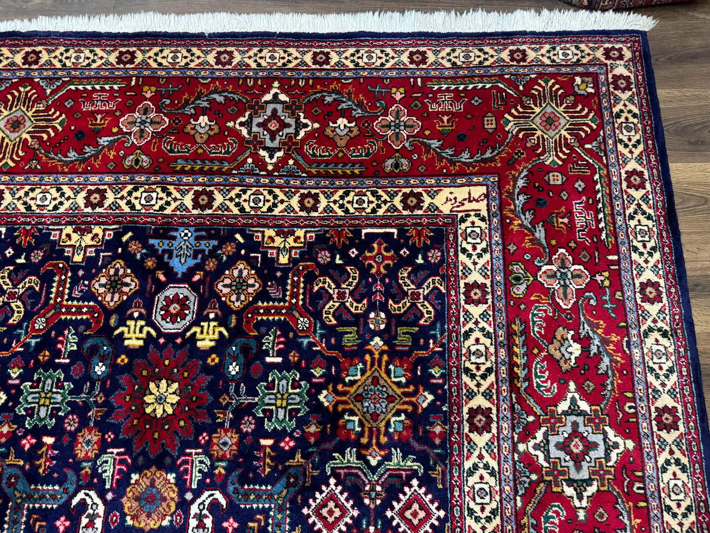 Large Persian Tabriz Rug 10x16, Navy Blue and Red, Allover Pattern, Vintage Hand Knotted Wool Carpet - Nuvé