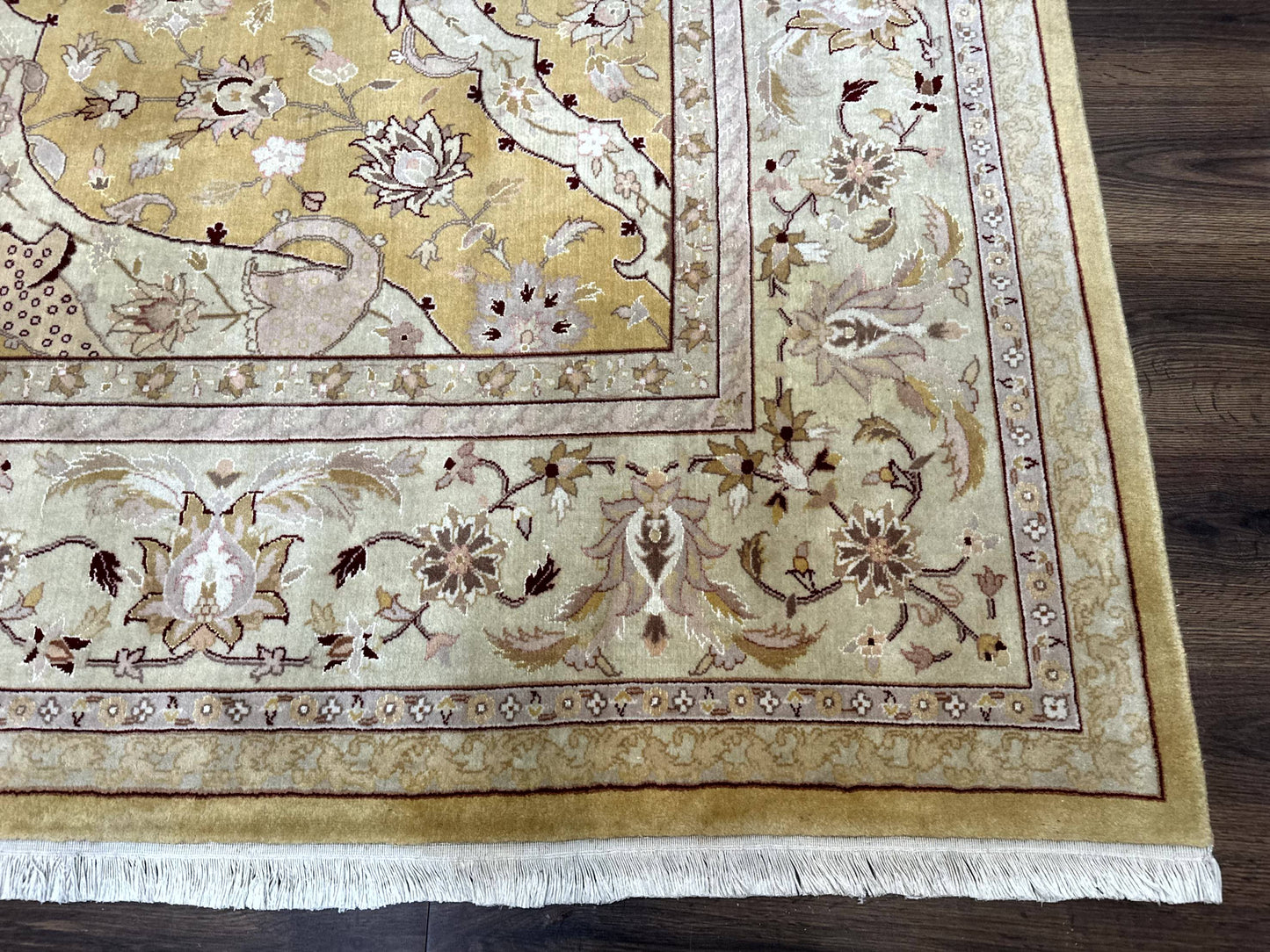 Sino Persian Rug 8x11, Wool with Silk Highlights, Unique Colors, Gold and Light Green, Fine 240 KPSI - Nuvé