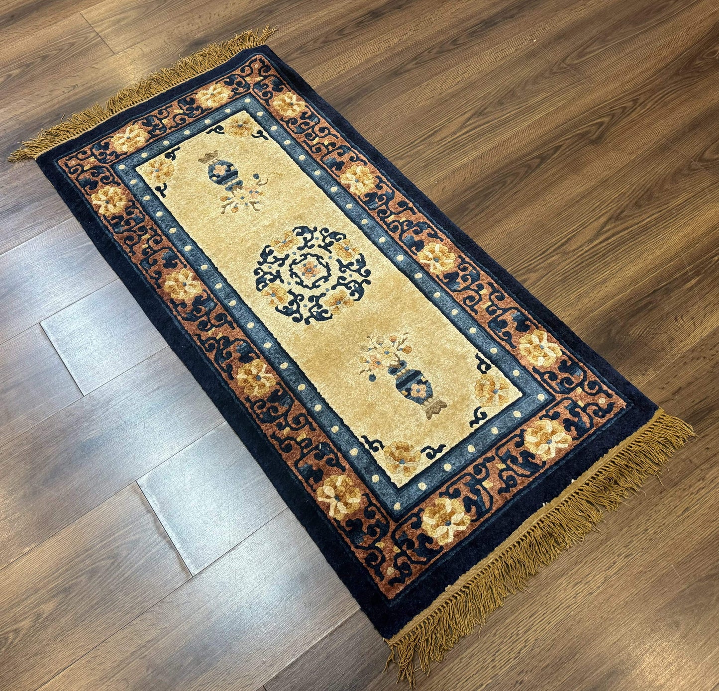 Silk Chinese Rug 2x4, Peking Carpet, Golden-Beige and Blue, Hand Knotted, Simple Design - Nuvé