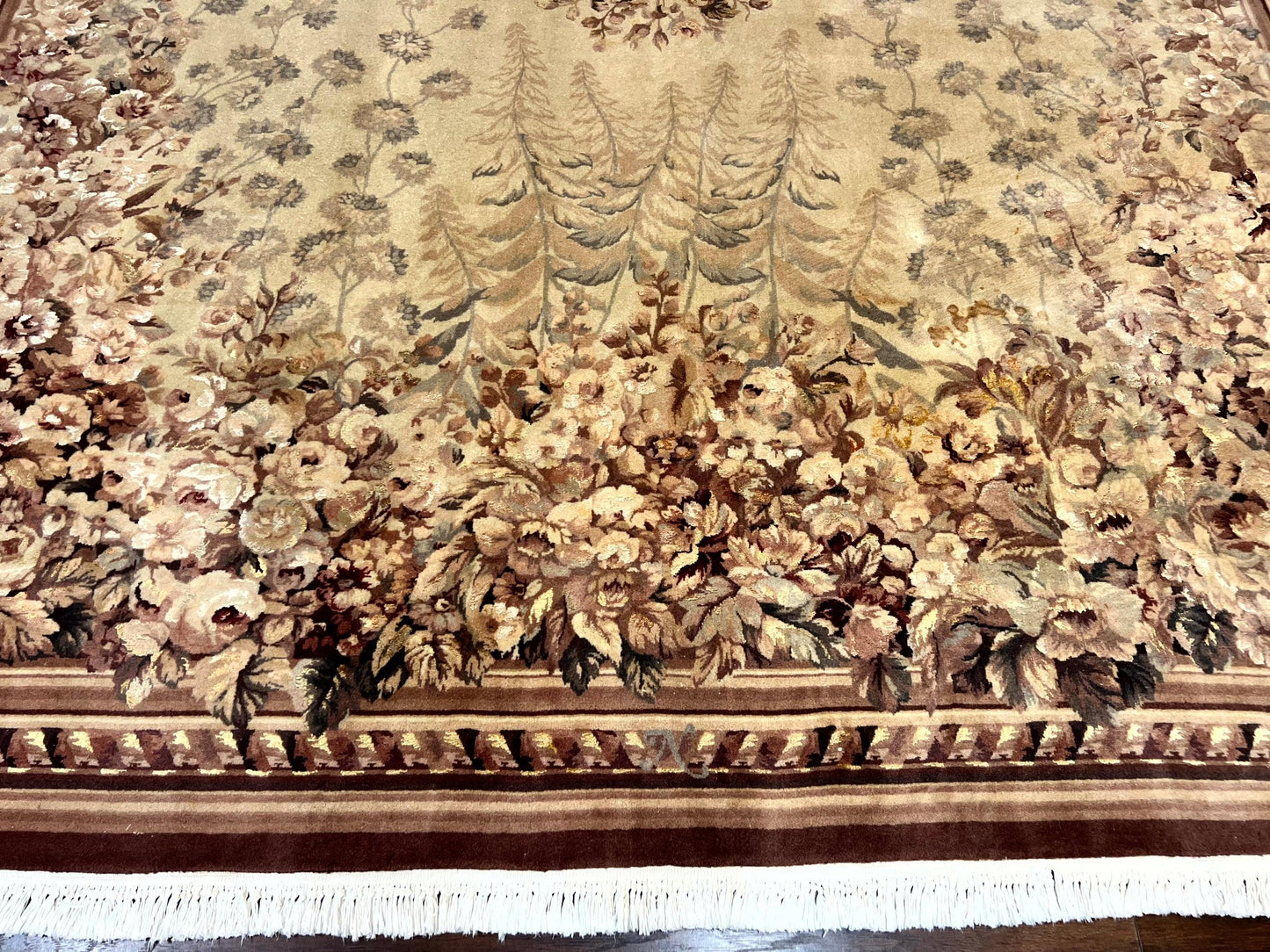 Aubusson Wool Rug 9x11, Wool with Silk Highlights, European Design, Vintage, Handmade, Floral, Fine 210 KPSI - Nuvé