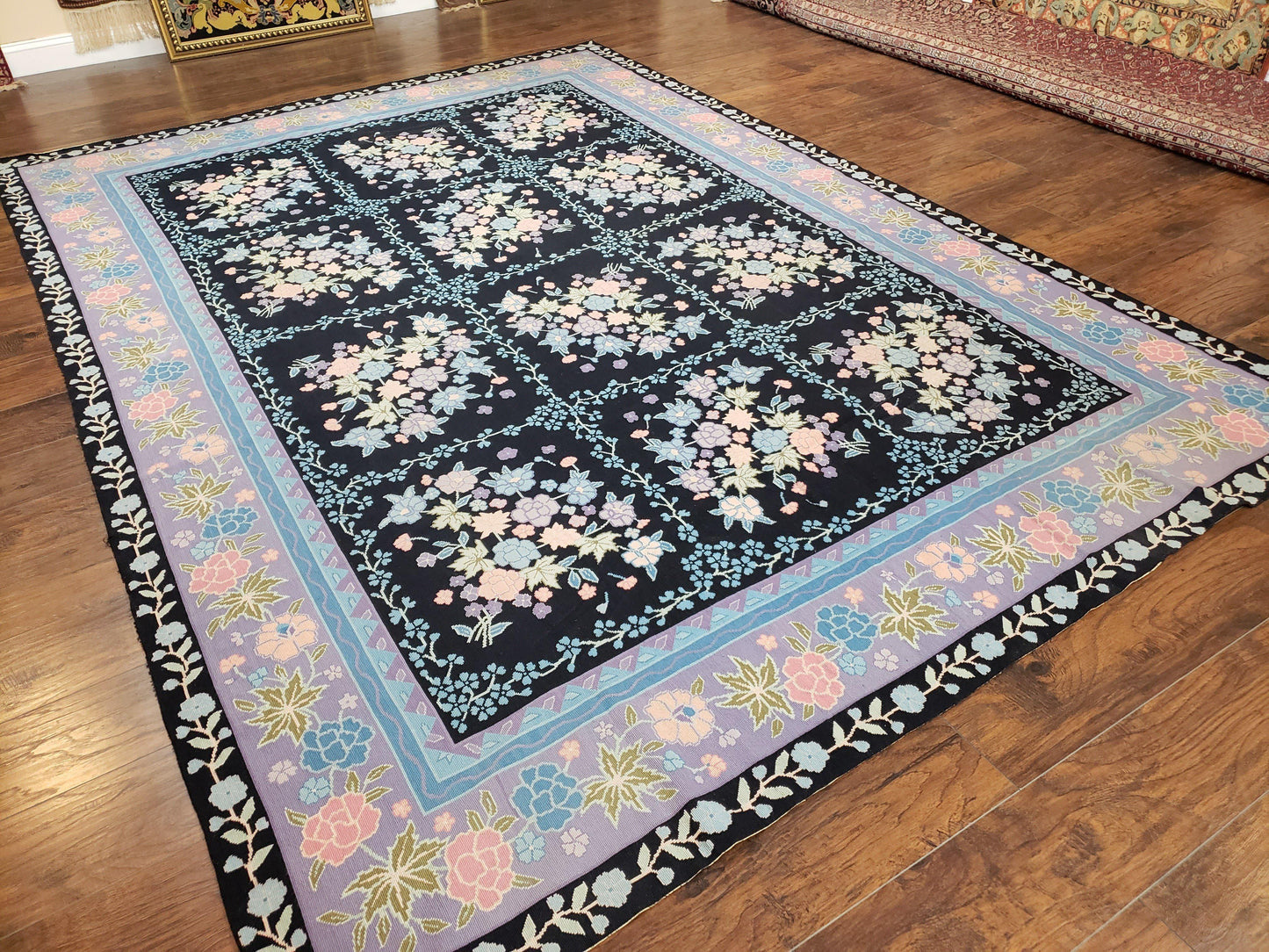 Chinese Needlepoint Rug 8 x 11.4, Hand-Woven Area Carpet, Flatweave Rug, Black Blue Light Violet Floral Garden European Design Wool Aubusson - Nuvé
