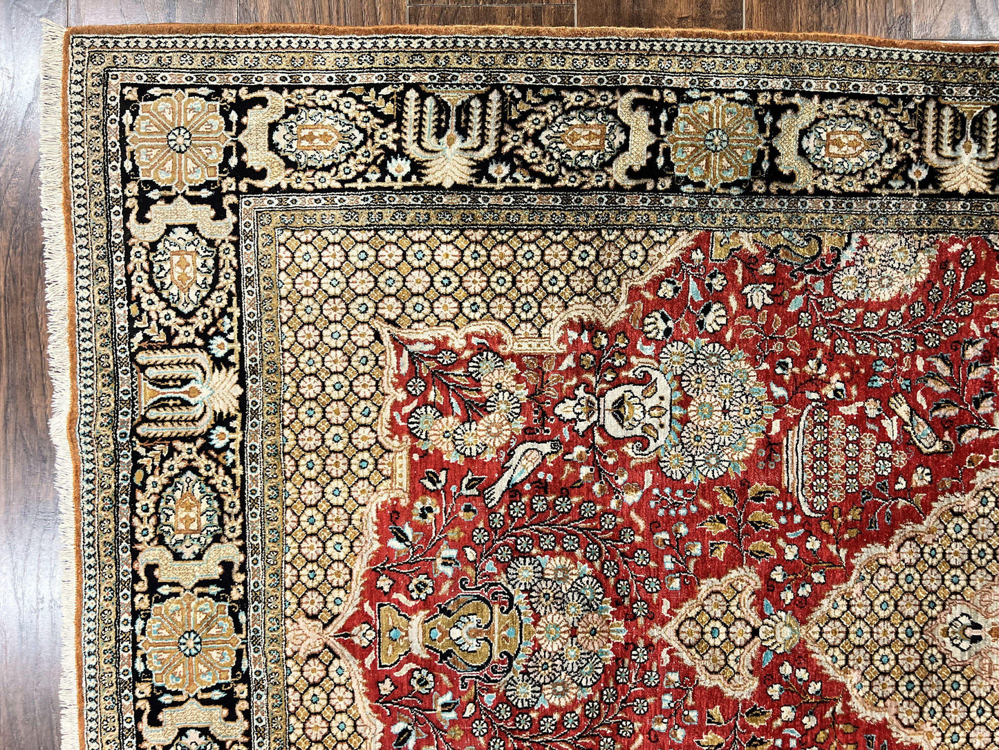Wonderful Persian Silk Rug 5x7, Birds Floral Vases, Red, Hand Knotted Silk Fine Oriental Carpet, Handmade Vintage, Persian Qum Rug, 400 KPSI - Nuvé